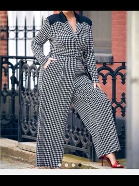 Plus Size 20 Eloquii Black & White Houndstooth Wide-Leg Jumpsuit With Belt